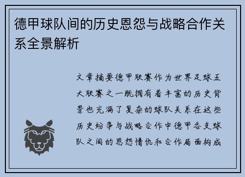 德甲球队间的历史恩怨与战略合作关系全景解析