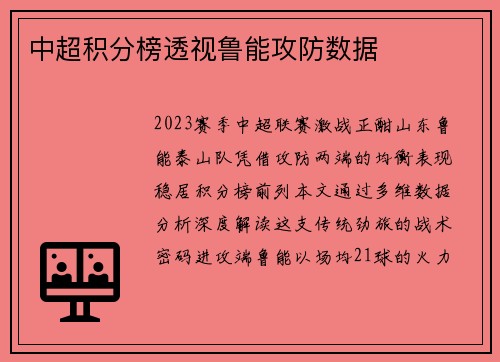 中超积分榜透视鲁能攻防数据